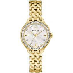 Bulova Ladiesinch Classic Crystal Gold Stainless Steel 3-Hand Quartz Watch, Mother of Pearl Dial