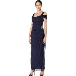 Womens Alex Evenings Long Cold Shoulder Dress with Cowl Neckline