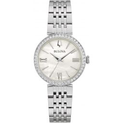 Bulova Ladies' Classic Crystal Stainless Steel 3-Hand Quartz Watch, White Mother-of-Pearl Dial