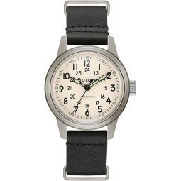 Bulova Meninchs Military Heritage Hack Stainless Steel 3-Hand Automatic Watch, NATO Leather Strap, Luminous Hands and Markers, Black Leather/Ivory Dial