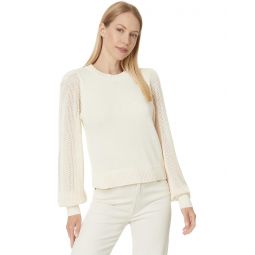 Womens Lilla P Pointelle Sleeve Crewneck Sweater