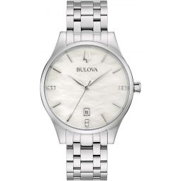 Bulova Ladiesinch Classic Diamond Dial Stainless Steel 3-Hand Calendar Date Quartz Watch