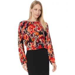 Womens Liverpool Los Angeles Long Sleeve Shirred Woven Blouse Crepe Georgette