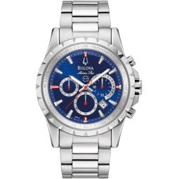 Bulova Men's Marine Star 6-Hand Quartz Chronograph Stainless Steel Watch, Blue Dial, Tachymeter, 100M Water Resistant Style: 96B174