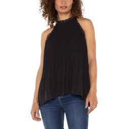Womens Liverpool Los Angeles Sleeveless Pleated Healter Top with Ruffle Chiffon