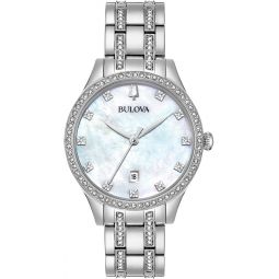 Bulova Ladiesinch Classic Crystal Stainless Steel 3-Hand Quartz Watch, White Mother-of-Pearl Dial Style: 96M144