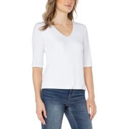 Womens Liverpool Los Angeles Double Layer V-Neck 1/2 Sleeve Rib Knit Top