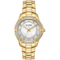 Bulova Ladiesinch Crystal Stainless Steel 3-Hand Quartz Watch, White Mother-of-Pearl Dial