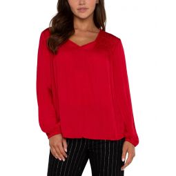 Womens Liverpool Los Angeles Long Sleeve V Neck Woven Blouse with Shirring Light Weight Textured Sateen