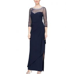Womens Alex Evenings Long Illusion 3/4 Sleeve Side Ruched Dress w/ Embellished Neckline
