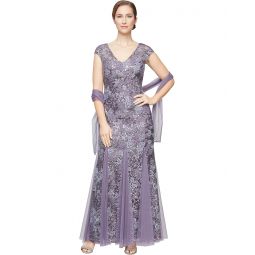 Womens Alex Evenings Long Embroidered Fit-and-Flare Dress with Godet Detail Skirt and Shawl