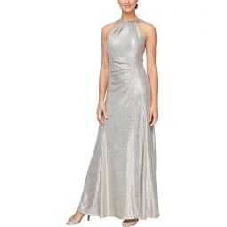 Womens Alex Evenings Metallic Knit Long Halter Neck Dress with Ruched Waist