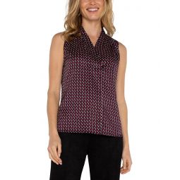 Womens Liverpool Los Angeles Sleeveless Pleated Neck Woven Blouse Animal Jacquard Shirting