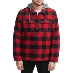 Mens Levis Washed Cotton Shirt Jacket with A Jersey Hood and Sherpa Lining