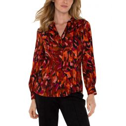 Womens Liverpool Los Angeles Long Sleeve Btn Front Banded Collar Woven Shirt Stretch Shirting