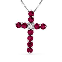 0.92ctw diamond and ruby cross pendant in 14k white gold