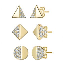 sterling silver 14k gold plated with clear paved cubic zirconia triangle, square & circle stud earring 3-piece set