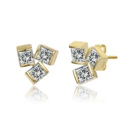 14k gold plated with clear cubic zirconia 3-stone stud earrings
