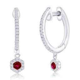 sterling silver, lab-grown ruby hexagon charm & natural diamond huggies