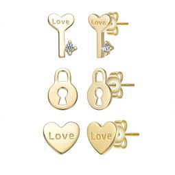 sterling silver 14k gold plated with clear cubic zirconia heart, key & lock love & lock stud earring 3-piece set