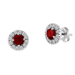 1.05cttw natural heated ruby and diamond halo earring set in 14k gold