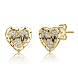 14k gold plated with black enamel & clear cubic zirconia heartbeat stud earrings