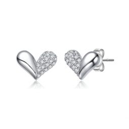 sterling silver white gold plated with paved clear cubic zirconia sleek heart stud earrings