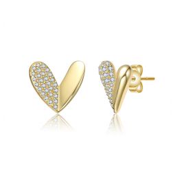 sterling silver 14k gold plated with paved clear cubic zirconia sleek heart stud earrings