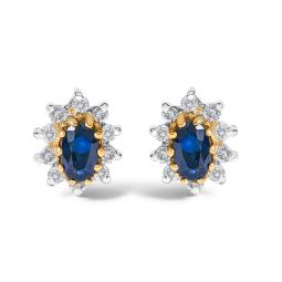 14k yellow gold 1/4 cttw diamond and blue sapphire sunburst halo stud earrings