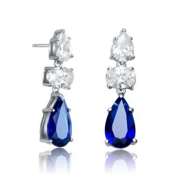 sterling silver rhodium plated with blue pear and clear oval cubic zirconia drop earrings