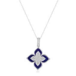 sterling silver black enamel white cubic zirconia pave flower clover pendant