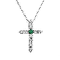 0.18ctw emerald and diamond cross pendant in 14k white gold