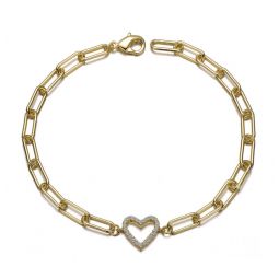 14k gold plated with clear cubic zirconia open heart halo paperclip link bracelet