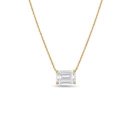 14kt 1ct lab grown east west, diamond solitaire pendant, 4 prong, emerald cut, def color, vs clarity, excellent cut, chain: 16