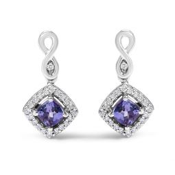 10k white gold blue purple tanzanite and diamond halo cushion shaped drop earrings