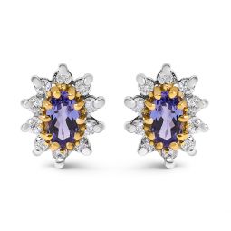 14k yellow gold 1/4 cttw diamond and blue purple tanzanite sunburst halo stud earrings