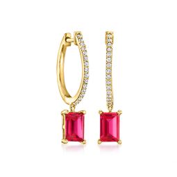 by ross-simons lab-grown ruby and . lab-grown diamond hoop drop earrings in 18kt gold vermeil