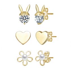 sterling silver 14k gold plated with clear cubic zirconia & mother of pearl rabbit, heart & flower stud earring 3-piece set
