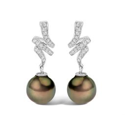 14k white gold 9mm cultured black pearl and diamond accent drop and dangle earrings
