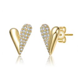 14k gold plated with clear cubic zirconia sleek heart stud earrings