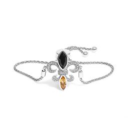 .925 sterling silver marquise black onyx, orange citrine, and diamond accent lariat 4”-10” fleur de lis adjustable bolo bracelet
