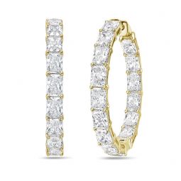 14kt 10cts gold lab grown radiant diamond in & out hoop earring, 10cts of radiant shaped lab diamonds, def color, vs clarity, dimension: 1