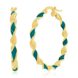 sterling silver, petrolio enamel 30mm twisted hoop earrings - gold plated