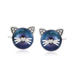 8-8.5mm black cultured pearl cat earrings with diamond accents in sterling silver