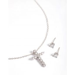rhodium diamond simulant stud and cross necklace set