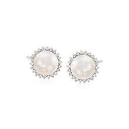 7-7.5mm cultured button pearl and . diamond stud earrings in sterling silver