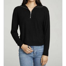 zip up mock neck long sleeve pullover in true black