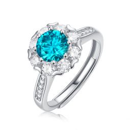 sterling silver with 1.8ctw blue topaz & lab created moissanite halo cluster adjustable engagement anniversary promise birthstone ring