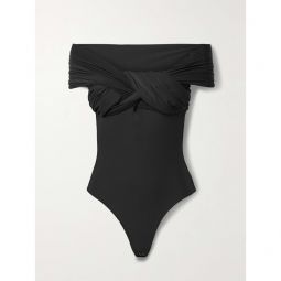 GOLDSIGN The Odette off-the-shoulder twist-front ruched stretch-jersey thong bodysuit