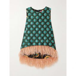 LA DOUBLEJ La Scala asymmetric feather-trimmed metallic jacquard top
